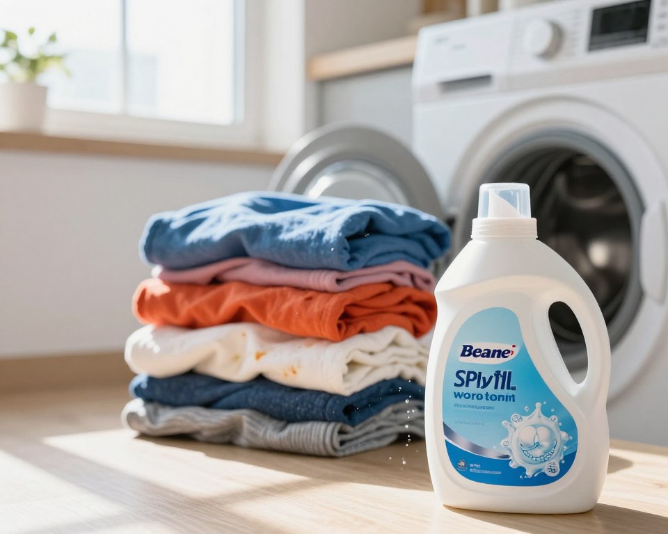 A bright, clean kitchen setting focusing on a modern washing machine surrounded by bottles of cold water detergent. In the foreground, a half-open bottle of detergent with bubbles gently cascading out, symbolizing effectiveness. In the middle, there’s a neatly stacked pile of freshly laundered clothes, showcasing bright colors and textures, some with visible stains that have been treated. The background features a window allowing natural light to flood in, creating a warm and inviting atmosphere. Soft shadows cast by the sunlight add depth to the scene, while the overall mood conveys a sense of cleanliness and efficiency. A close-up perspective with a shallow depth of field draws attention to the detergent's effectiveness, highlighting the contrast between the stained fabric and the clean outcome. A bright, clean kitchen setting focusing on a modern washing machine surrounded by bottles of cold water detergent. In the foreground, a half-open bottle of detergent with bubbles gently cascading out, symbolizing effectiveness. In the middle, there’s a neatly stacked pile of freshly laundered clothes, showcasing bright colors and textures, some with visible stains that have been treated. The background features a window allowing natural light to flood in, creating a warm and inviting atmosphere. Soft shadows cast by the sunlight add depth to the scene, while the overall mood conveys a sense of cleanliness and efficiency. A close-up perspective with a shallow depth of field draws attention to the detergent's effectiveness, highlighting the contrast between the stained fabric and the clean outcome.