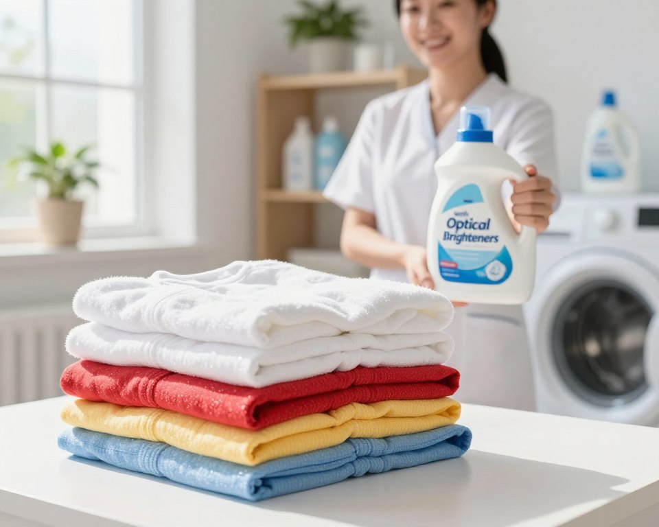 A bright, clean laundry room with natural sunlight streaming through a window, illuminating freshly washed fabrics. In the foreground, a stack of vibrant, white and brightly colored textiles—such as shirts and bed linens—exhibit enhanced luminescence due to optical brighteners. Soft focus on the edges to suggest depth, with a subtle glimmer highlighting the fabric textures. In the middle ground, a person in professional attire, holding a bottle of laundry detergent labeled “with Optical Brighteners,” smiles approvingly, showcasing a visual representation of satisfaction and peace of mind. The background contains shelves filled with various laundry products and a potted plant, enhancing the homely atmosphere. The overall mood is bright, inviting, and informative, showcasing the benefits of optical brighteners in consumer textiles. A bright, clean laundry room with natural sunlight streaming through a window, illuminating freshly washed fabrics. In the foreground, a stack of vibrant, white and brightly colored textiles—such as shirts and bed linens—exhibit enhanced luminescence due to optical brighteners. Soft focus on the edges to suggest depth, with a subtle glimmer highlighting the fabric textures. In the middle ground, a person in professional attire, holding a bottle of laundry detergent labeled “with Optical Brighteners,” smiles approvingly, showcasing a visual representation of satisfaction and peace of mind. The background contains shelves filled with various laundry products and a potted plant, enhancing the homely atmosphere. The overall mood is bright, inviting, and informative, showcasing the benefits of optical brighteners in consumer textiles.