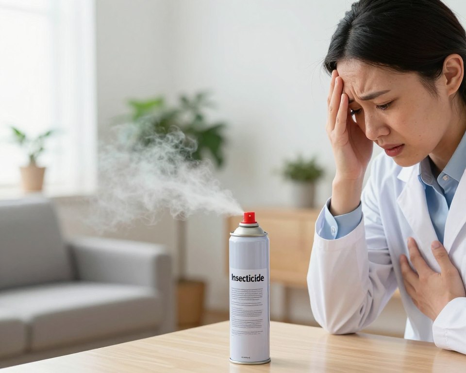A bright, educational scene depicting a room with a person in professional attire, showing symptoms of insecticide inhalation. The foreground features the individual, clutching their chest and appearing distressed, with worried expression, cradling their head. In the middle, there’s a spray can labeled “Insecticide” positioned on a table, with a faint cloud of vapor rising from it. The background showcases a well-lit, home setting, with indoor plants and furniture, emphasizing a typical living space. The lighting should be soft, natural, conveying a sense of concern. The angle should be slightly low to put emphasis on the individual's reaction, creating an atmosphere of urgency and awareness about the dangers of inhaling insecticides.