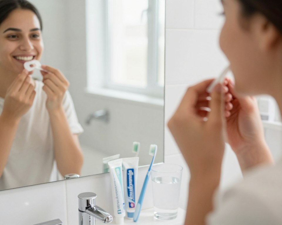 A bright, inviting bathroom scene showcasing a person gently applying a teeth whitening strip to their teeth in a mirror reflection. The foreground features a close-up of the person's face, with a focus on their smile and the whitening strip, dressed in simple, modest casual clothing. The middle ground includes a well-organized bathroom counter with a variety of dental care products, such as toothpaste, a toothbrush, and a cup of water, all arranged neatly. In the background, soft, natural lighting filters through a window, illuminating the space and creating a warm, serene atmosphere. The overall mood conveys a sense of safety and care for oral health, emphasizing the importance of proper techniques in teeth whitening.
