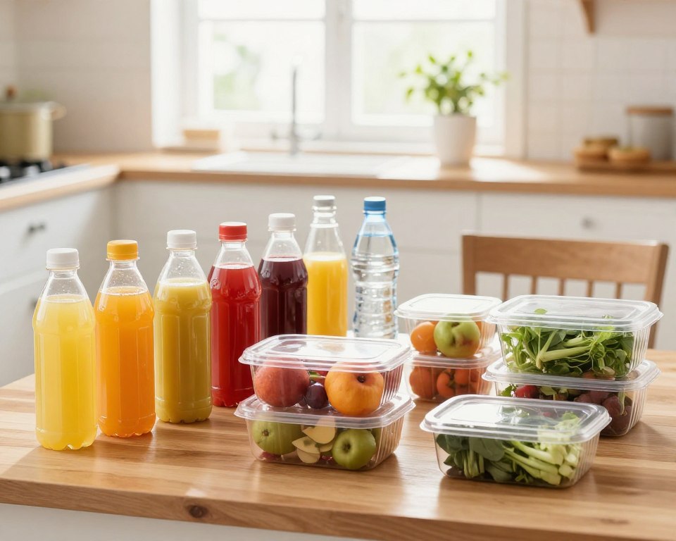 A bright, inviting kitchen scene showcasing a variety of food and beverage products packaged in clear PET plastic containers. In the foreground, display an assortment of PET bottles filled with colorful juices and sparkling water alongside neatly arranged food items like fresh fruits and vegetables in transparent PET containers. The middle ground features a wooden dining table, showcasing simple, elegant tableware to emphasize the freshness and safety of the products. The background has a cheerful, sunlit window that illuminates the space, creating a warm and inviting atmosphere. Use soft lighting to enhance the clarity and vibrancy of the colors, while maintaining a professional and clean aesthetic. Capture the image at eye level with a subtle depth of field, softening the background slightly to keep the focus on the packaging's benefits. A bright, inviting kitchen scene showcasing a variety of food and beverage products packaged in clear PET plastic containers. In the foreground, display an assortment of PET bottles filled with colorful juices and sparkling water alongside neatly arranged food items like fresh fruits and vegetables in transparent PET containers. The middle ground features a wooden dining table, showcasing simple, elegant tableware to emphasize the freshness and safety of the products. The background has a cheerful, sunlit window that illuminates the space, creating a warm and inviting atmosphere. Use soft lighting to enhance the clarity and vibrancy of the colors, while maintaining a professional and clean aesthetic. Capture the image at eye level with a subtle depth of field, softening the background slightly to keep the focus on the packaging's benefits.