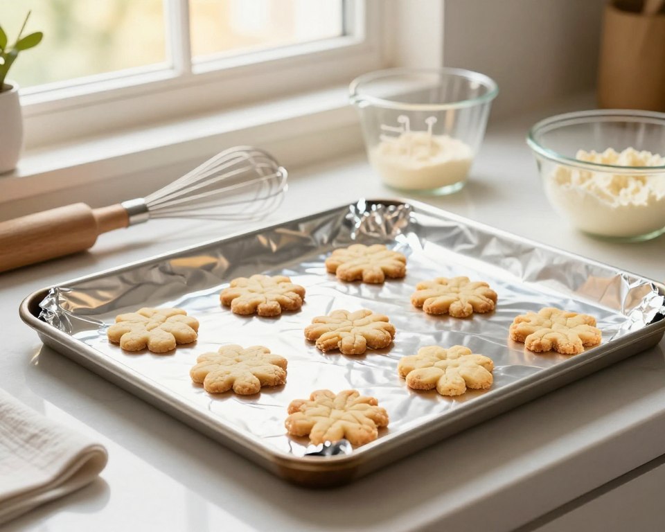 A bright, inviting kitchen setting featuring a baking tray lined with shiny aluminum foil, showcasing cookies in the process of baking. In the foreground, focus on the aluminum foil, emphasizing its smooth texture and reflective surface. The middle ground includes baking tools like a whisk, measuring cups, and a bowl with ingredients, creating a sense of culinary activity. In the background, a warm, sunny window allows soft, natural light to filter in, illuminating the scene and adding a cheerful atmosphere. Capture the image with a slight overhead angle to highlight the baking process, while ensuring a clean, modern feel that conveys safety and practicality in cooking.