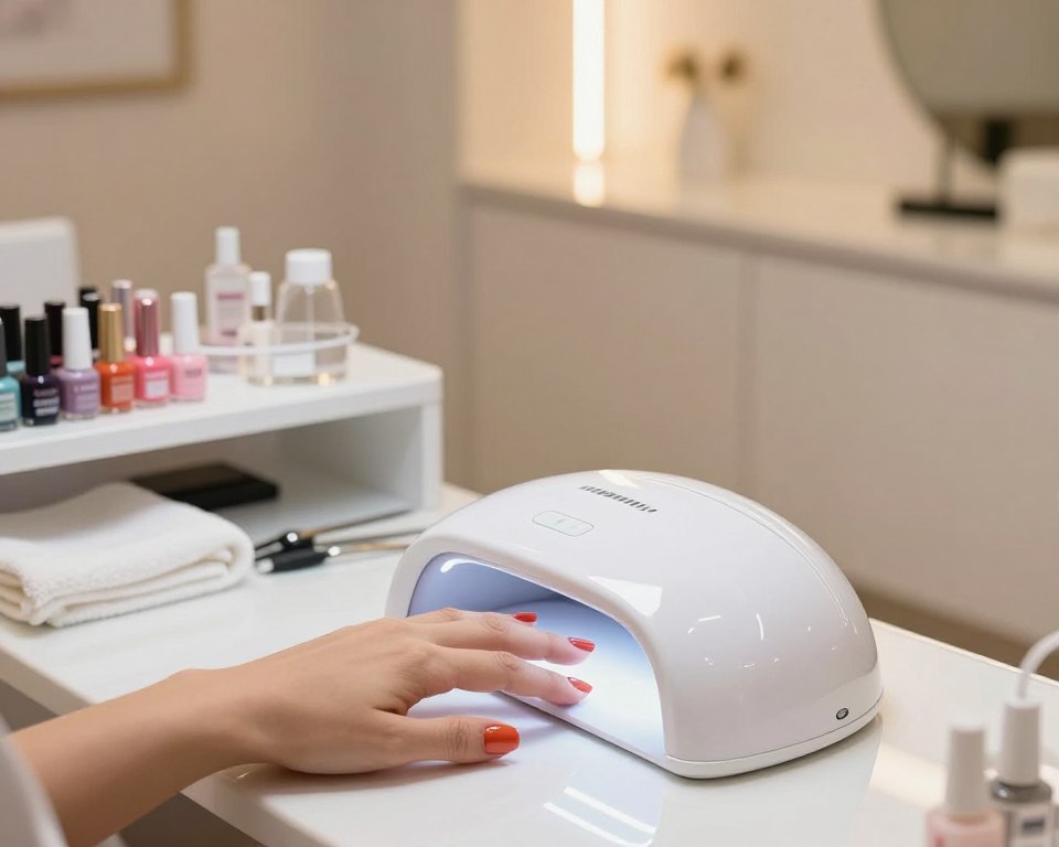 A bright, inviting nail salon interior featuring a modern UV lamp setup for gel manicures. In the foreground, a well-groomed hand is placed inside a sleek UV lamp, showcasing beautifully manicured nails with vibrant gel polish. The middle ground reveals an elegant manicure station with a variety of colorful gel polish bottles, tools, and a soft towel. The background includes soft, warm lighting that enhances the overall comfort of the space, with light reflecting off polished surfaces. The atmosphere is serene and professional, evoking a sense of relaxation while also subtly suggesting the health considerations surrounding UV exposure. The angle captures a slight overhead view to highlight both the lamp and the manicured hand.