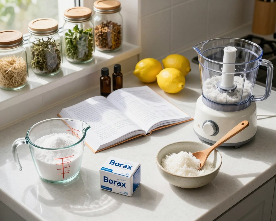 A bright kitchen countertop filled with various ingredients for making powdered laundry detergent. In the foreground, there’s a glass measuring cup with washing soda, another with Borax, and a food processor for mixing. A wooden spoon leans against a bowl filled with grated soap. In the middle, an open recipe book shows handwritten notes, surrounded by fresh lemons and essential oils, hinting at natural scents. The background features shelves lined with glass jars of various herbs and spices, giving a homely feel. Soft, natural light filters through a window, casting gentle shadows, creating an inviting and clean atmosphere. The camera angle is slightly top-down, providing a clear view of the ingredients and process, emphasizing simplicity and the DIY approach to laundry. A bright kitchen countertop filled with various ingredients for making powdered laundry detergent. In the foreground, there’s a glass measuring cup with washing soda, another with Borax, and a food processor for mixing. A wooden spoon leans against a bowl filled with grated soap. In the middle, an open recipe book shows handwritten notes, surrounded by fresh lemons and essential oils, hinting at natural scents. The background features shelves lined with glass jars of various herbs and spices, giving a homely feel. Soft, natural light filters through a window, casting gentle shadows, creating an inviting and clean atmosphere. The camera angle is slightly top-down, providing a clear view of the ingredients and process, emphasizing simplicity and the DIY approach to laundry.