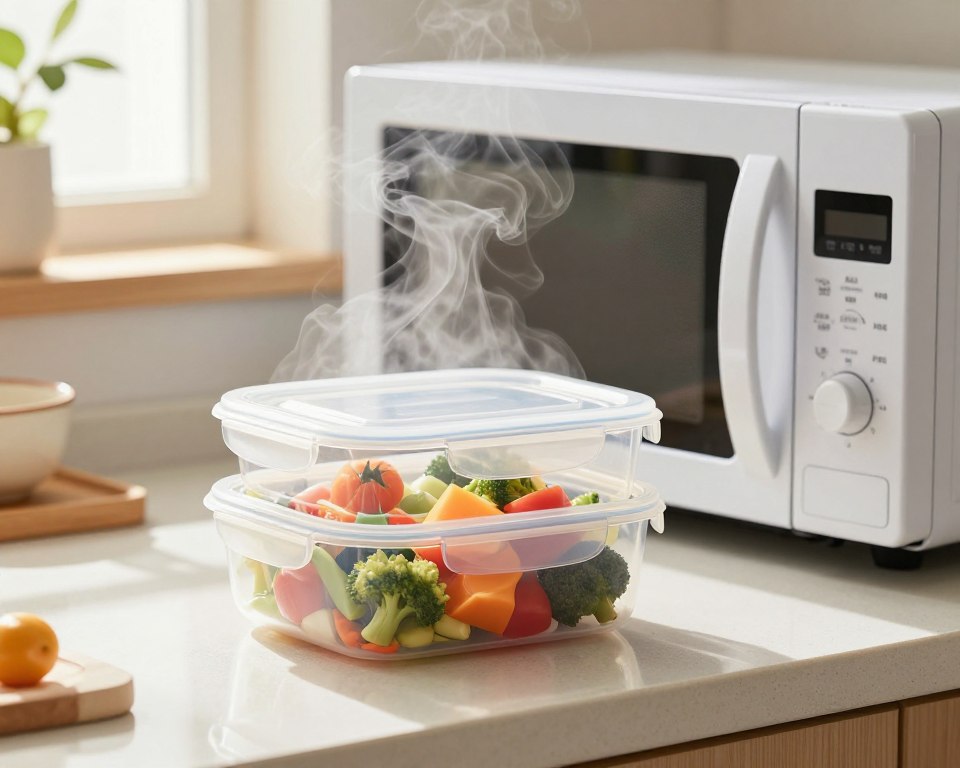 A bright kitchen scene features a countertop with a clear, modern plastic microwave container filled with colorful, steaming vegetables. The container is shown open, with vibrant steam wafting upward, highlighting its safe, BPA-free design. In the foreground, there’s a close-up of the container’s texture, emphasizing its smooth surface and secure lid. In the middle ground, a microwave stands to the side, partially open, hinting at its functionality. The background showcases a cozy kitchen atmosphere, with warm, natural light streaming through a window, casting soft shadows and adding a welcoming ambiance. The overall mood is clean and safe for daily use, encouraging the viewer to consider the practicality of using plastic containers in the microwave. A bright kitchen scene features a countertop with a clear, modern plastic microwave container filled with colorful, steaming vegetables. The container is shown open, with vibrant steam wafting upward, highlighting its safe, BPA-free design. In the foreground, there’s a close-up of the container’s texture, emphasizing its smooth surface and secure lid. In the middle ground, a microwave stands to the side, partially open, hinting at its functionality. The background showcases a cozy kitchen atmosphere, with warm, natural light streaming through a window, casting soft shadows and adding a welcoming ambiance. The overall mood is clean and safe for daily use, encouraging the viewer to consider the practicality of using plastic containers in the microwave.