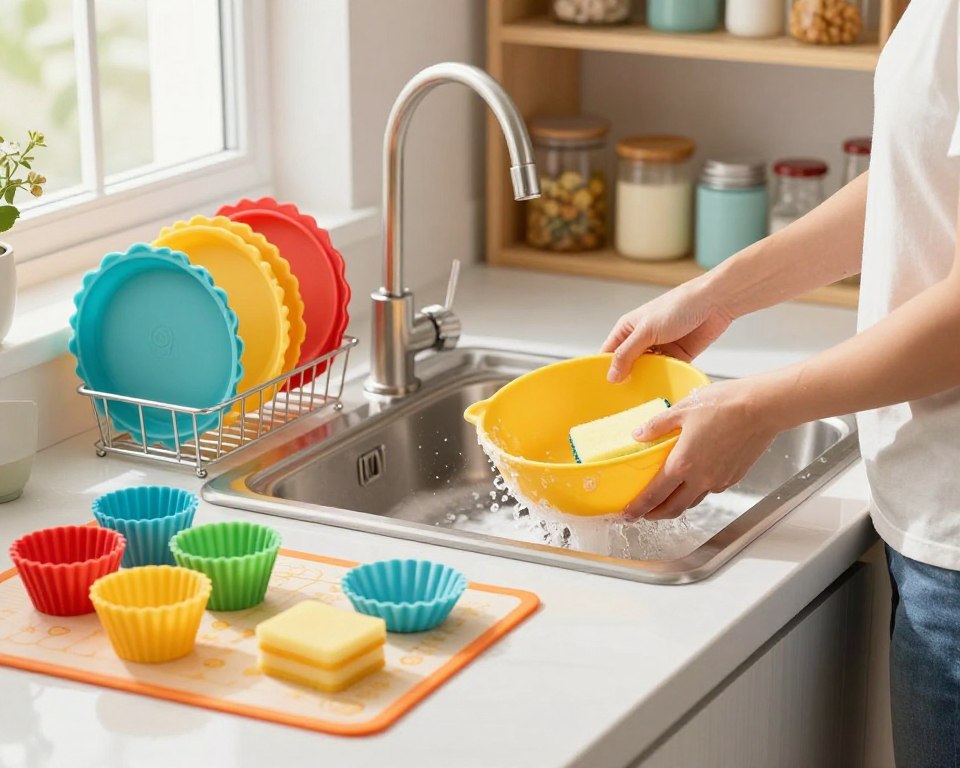 A bright kitchen setting featuring a neatly arranged collection of colorful silicone bakeware, such as muffin cups and baking mats, on a clean countertop. In the foreground, a person dressed in smart casual clothing carefully washes a vibrant silicone baking pan in a sink, surrounded by soapy water and a sponge, highlighting the cleaning process. The middle ground includes a rack displaying freshly cleaned silicone items, glistening under soft, natural light streaming in from a nearby window. In the background, shelves filled with baking supplies and ingredients create a warm and inviting atmosphere. The overall mood is organized, cheerful, and inviting, emphasizing the importance of maintenance for the longevity of silicone bakeware. The scene is captured in a slightly angled shot, enhancing depth and focus on the cleaning action.