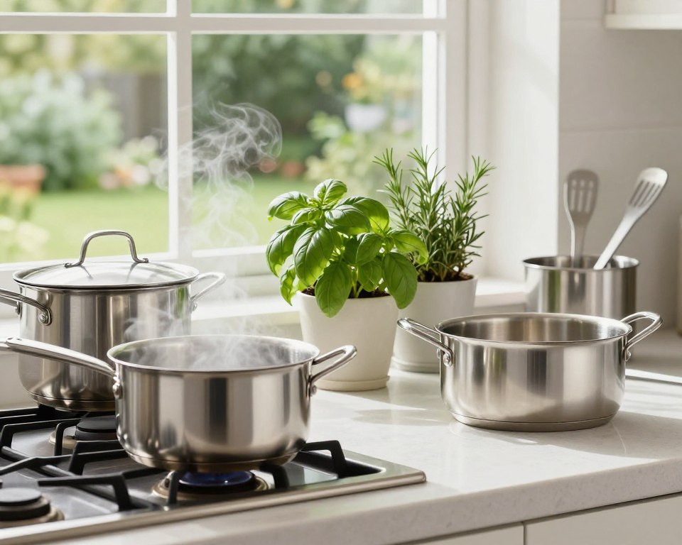 A bright, modern kitchen featuring various stainless steel cookware items, such as pots, pans, and utensils, arranged neatly on a polished countertop. In the foreground, a pot is simmering on the stove, releasing steam, symbolizing the cooking process. In the middle, there's a small herb garden with fresh green basil and rosemary, emphasizing sustainability. In the background, a window reveals a lush outdoor garden, reflecting an eco-friendly lifestyle. Soft, natural lighting illuminates the scene, creating a warm and inviting atmosphere. The focus is on the cookware's sleek design and durability, capturing the essence of stainless steel as a safe, sustainable material for cooking. The image conveys a sense of health, cleanliness, and environmental consciousness.