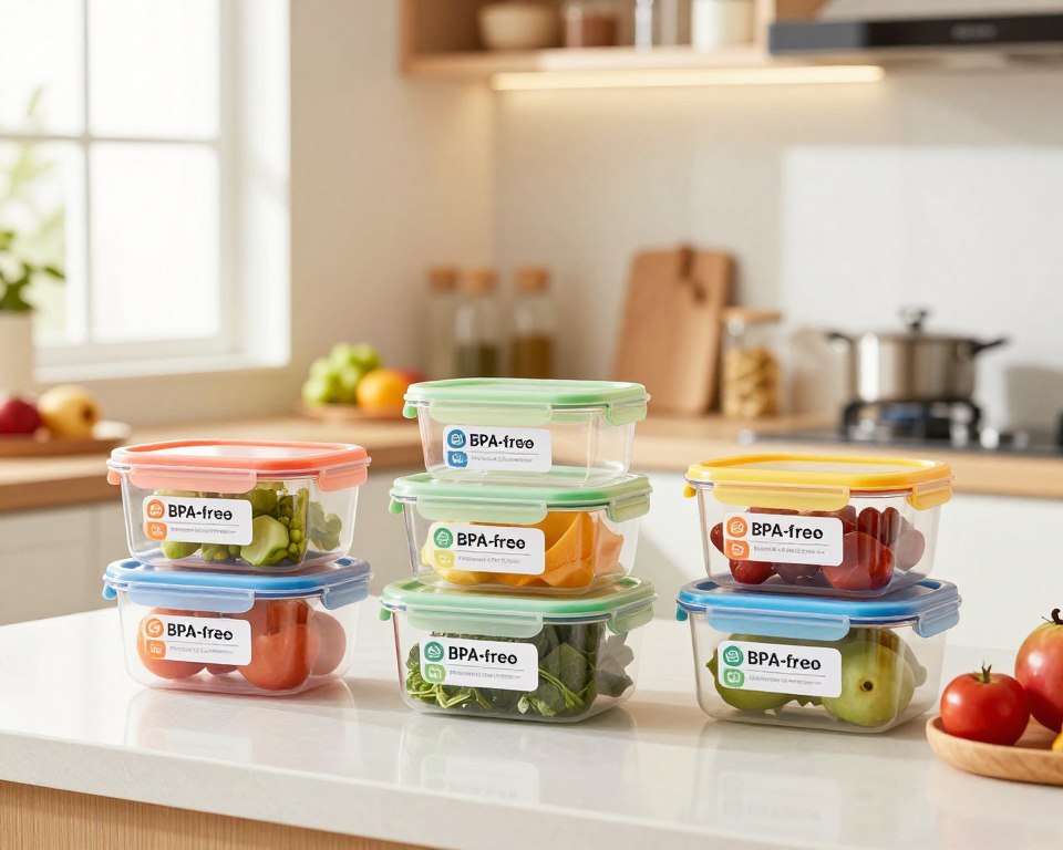 A bright, modern kitchen scene to illustrate safety in plastic alternatives. In the foreground, a series of BPA-free plastic containers with colorful lids are neatly arranged on a clean countertop, showcasing eco-friendly labels. In the middle ground, a healthy spread of fruits and vegetables is placed inside the containers, emphasizing fresh, safe storage solutions. In the background, a softly lit kitchen shelf displays various glass and stainless steel storage options, promoting the idea of safe alternatives. Warm, natural light filters through a window, creating a welcoming atmosphere. The focus is sharp on the containers, with a slight blur on the background, highlighting the importance of safe plastic choices for home use. The mood is clean, vibrant, and environmentally conscious.