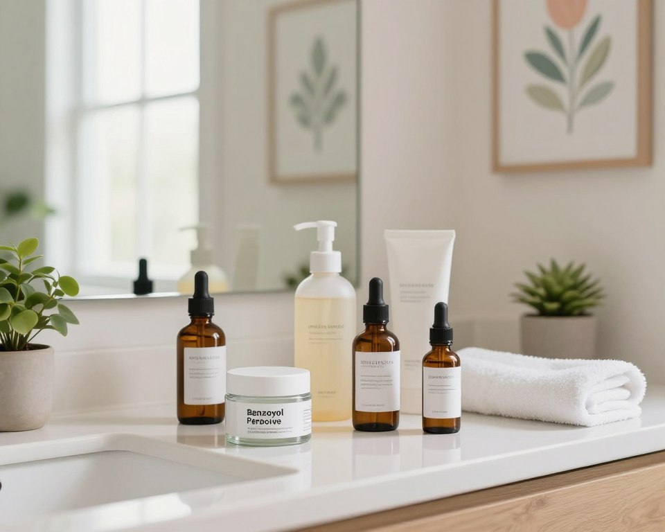 A bright, organized bathroom countertop featuring an array of skincare products arranged neatly. In the foreground, display a glass jar of benzoyl peroxide cream alongside various serums and moisturizers in elegant bottles. A fluffy white towel and a small potted plant add freshness. In the middle ground, a mirror reflects soft, natural light filtering through a window, illuminating the space. In the background, hang soothing pastel-toned wall art depicting serene botanical patterns. Use a warm, inviting atmosphere to evoke a sense of calm and care. The composition should use a shallow depth of field, focusing on the products while gently blurring the background. Overall, convey a sense of simplicity and effectiveness in skincare routine essentials. A bright, organized bathroom countertop featuring an array of skincare products arranged neatly. In the foreground, display a glass jar of benzoyl peroxide cream alongside various serums and moisturizers in elegant bottles. A fluffy white towel and a small potted plant add freshness. In the middle ground, a mirror reflects soft, natural light filtering through a window, illuminating the space. In the background, hang soothing pastel-toned wall art depicting serene botanical patterns. Use a warm, inviting atmosphere to evoke a sense of calm and care. The composition should use a shallow depth of field, focusing on the products while gently blurring the background. Overall, convey a sense of simplicity and effectiveness in skincare routine essentials.