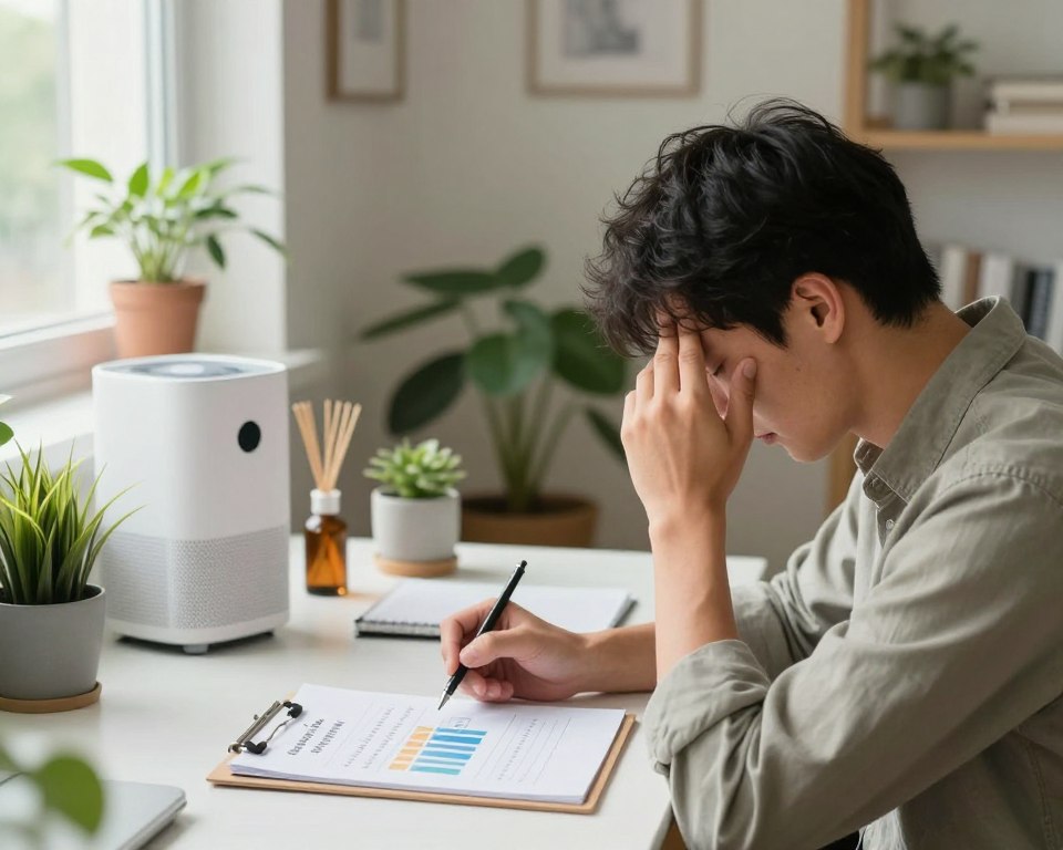 A bright, professionally styled indoor environment depicting a person in modest casual clothing, sitting at a desk surrounded by common household items like plants, air purifiers, and essential oil diffusers. The foreground features a thoughtful individual, holding their head slightly in discomfort, signifying a headache while analyzing a chart on a clipboard with various headache triggers listed. In the middle ground, soft light through a window illuminates the space, creating a warm and inviting atmosphere. The background showcases a cozy home office with clean lines and greenery, suggesting a connection to indoor air quality. The overall mood is one of contemplation and awareness, inviting viewers to consider the impact of their environment on health. The angle is slightly angled downwards for a more intimate perspective.