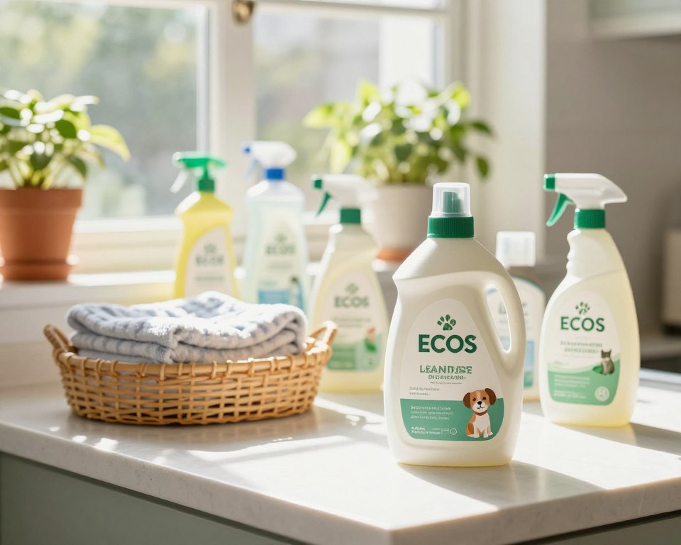 A bright, sunlit kitchen countertop features an array of non-toxic cleaning products, neatly arranged with eco-friendly labels. In the foreground, a bottle of ECOS Laundry Detergent stands prominently, surrounded by cute pet-friendly motifs like paw prints and playful illustrations of a cat and dog. The middle ground presents a basket filled with fresh towels, hinting at cleanliness and freshness. In the background, large windows allow natural light to illuminate potted plants, emphasizing a healthy, green environment. Soft shadows and warm lighting create an inviting atmosphere, while an organized, clean aesthetic conveys the safety and care associated with pet-safe cleaning solutions. The overall feeling is calm, reassuring, and eco-conscious, perfect for a home safe for pets. A bright, sunlit kitchen countertop features an array of non-toxic cleaning products, neatly arranged with eco-friendly labels. In the foreground, a bottle of ECOS Laundry Detergent stands prominently, surrounded by cute pet-friendly motifs like paw prints and playful illustrations of a cat and dog. The middle ground presents a basket filled with fresh towels, hinting at cleanliness and freshness. In the background, large windows allow natural light to illuminate potted plants, emphasizing a healthy, green environment. Soft shadows and warm lighting create an inviting atmosphere, while an organized, clean aesthetic conveys the safety and care associated with pet-safe cleaning solutions. The overall feeling is calm, reassuring, and eco-conscious, perfect for a home safe for pets.