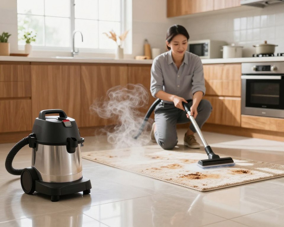 A bright, well-lit kitchen scene showcasing a steam cleaning process in action. In the foreground, a modern steam cleaner is positioned on a sleek tile floor, emitting visible, gentle steam that swirls upward. In the middle, a professional-looking individual in business casual attire is kneeling, demonstrating the steam cleaner on a stained area rug, highlighting its effectiveness. The rug contrasts with the shiny tiles, emphasizing the cleaning difference. In the background, the kitchen is equipped with natural wood cabinetry and large windows allowing soft, natural light to filter in, creating a warm and inviting atmosphere. The overall mood is fresh and clean, embodying the idea of chemical-free safety in household cleaning. A bright, well-lit kitchen scene showcasing a steam cleaning process in action. In the foreground, a modern steam cleaner is positioned on a sleek tile floor, emitting visible, gentle steam that swirls upward. In the middle, a professional-looking individual in business casual attire is kneeling, demonstrating the steam cleaner on a stained area rug, highlighting its effectiveness. The rug contrasts with the shiny tiles, emphasizing the cleaning difference. In the background, the kitchen is equipped with natural wood cabinetry and large windows allowing soft, natural light to filter in, creating a warm and inviting atmosphere. The overall mood is fresh and clean, embodying the idea of chemical-free safety in household cleaning.