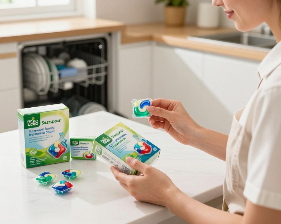A bright, well-lit kitchen setting featuring a person in professional attire, carefully examining a box of eco-friendly dishwasher pods. In the foreground, the person holds a pod in one hand, reading the label with a thoughtful expression. The middle ground displays a tidy counter with several safe, non-toxic dishwasher pod brands, emphasizing their clear, natural ingredients. In the background, an open dishwasher reveals shiny, clean dishes without residue, contributing to a sense of cleanliness and safety. The overall atmosphere feels warm and inviting, with soft natural light streaming in from a nearby window, enhancing the colors of the products. The image focuses on the importance of choosing safe dishwasher pods while promoting a healthy home environment. A bright, well-lit kitchen setting featuring a person in professional attire, carefully examining a box of eco-friendly dishwasher pods. In the foreground, the person holds a pod in one hand, reading the label with a thoughtful expression. The middle ground displays a tidy counter with several safe, non-toxic dishwasher pod brands, emphasizing their clear, natural ingredients. In the background, an open dishwasher reveals shiny, clean dishes without residue, contributing to a sense of cleanliness and safety. The overall atmosphere feels warm and inviting, with soft natural light streaming in from a nearby window, enhancing the colors of the products. The image focuses on the importance of choosing safe dishwasher pods while promoting a healthy home environment.
