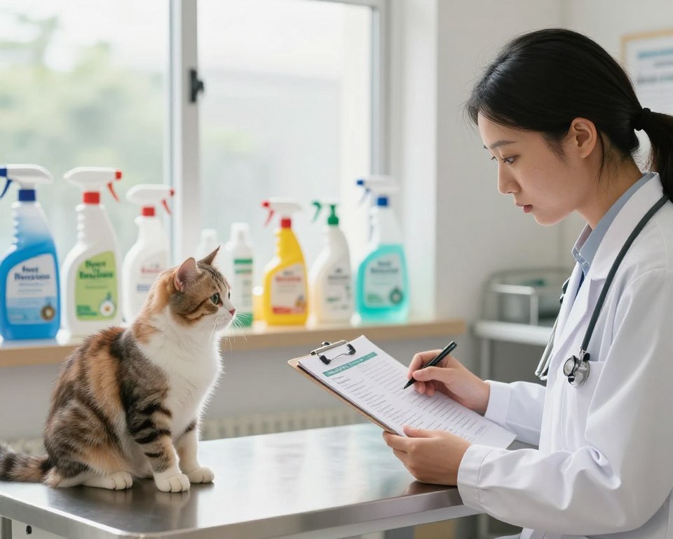 A calm veterinary clinic interior with a focus on a pet cat and dog sitting on an examination table. In the foreground, a concerned veterinarian in a lab coat examines a clipboard filled with chemical safety guidelines while watching the pets. In the middle ground, a well-organized display of non-toxic cleaning supplies and plant-based insect repellents is visible. The background features a large window with soft, natural lighting filtering in, highlighting the serene environment. The overall atmosphere is reassuring and educational, emphasizing the importance of safety in indoor chemical use. The angle captures the warmth of the clinic with a depth of field that elegantly blurs the background, enhancing the focus on the veterinarian and the pets.