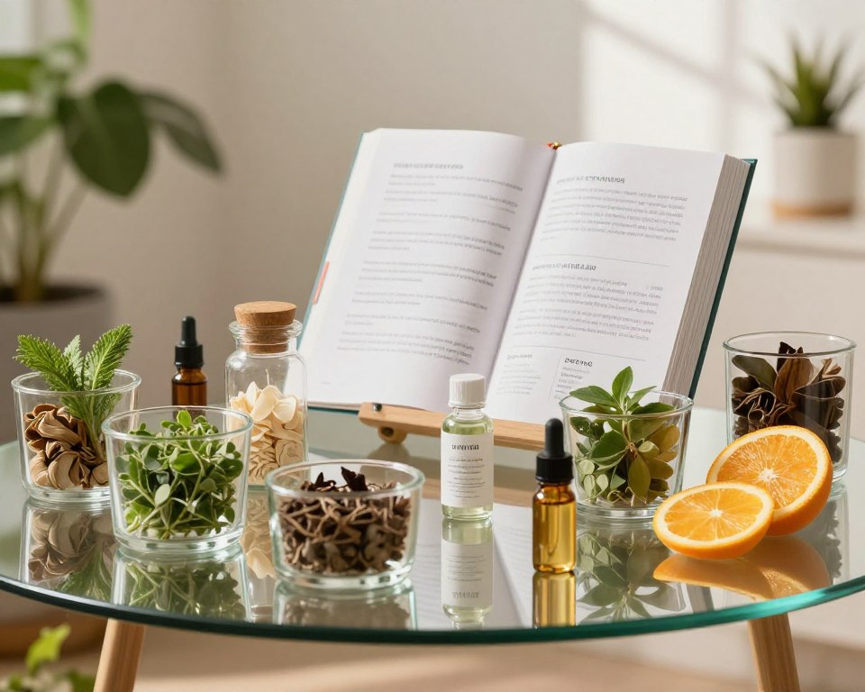 A clean and bright workspace featuring a glass table with various eco-friendly ingredients displayed transparently in glass containers. In the foreground, an arrangement of natural elements, such as fresh herbs, citrus slices, and essential oils, showcases organic components. In the middle ground, a partially opened book reveals detailed ingredient lists and certifications, symbolizing transparency in eco-friendly products. The background consists of soft focus plants and natural light streaming in, creating a serene atmosphere that emphasizes the brand’s commitment to purity and transparency. The light should be warm and inviting, captured with a shallow depth of field for a professional and polished look, evoking trust and authenticity in eco-conscious living.