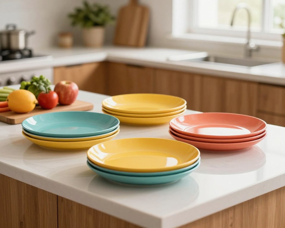 A clean and inviting kitchen countertop featuring a set of colorful melamine plates arranged artfully. In the foreground, a few plates are stacked to showcase their glossy surface, reflecting soft, natural light, suggesting their vibrant colors—teal, yellow, and coral. In the middle ground, a cutting board with fresh fruits and vegetables adds a healthy touch, symbolizing safe food practices. The background is blurred, showcasing a cozy kitchen with warm wood cabinetry and a potted plant, creating an atmosphere of homeliness and safety. Soft daylight filters through a window, enhancing the peaceful ambiance. The focus is on the plates, illustrating their appearance while subtly conveying the topic of safety in dinnerware.