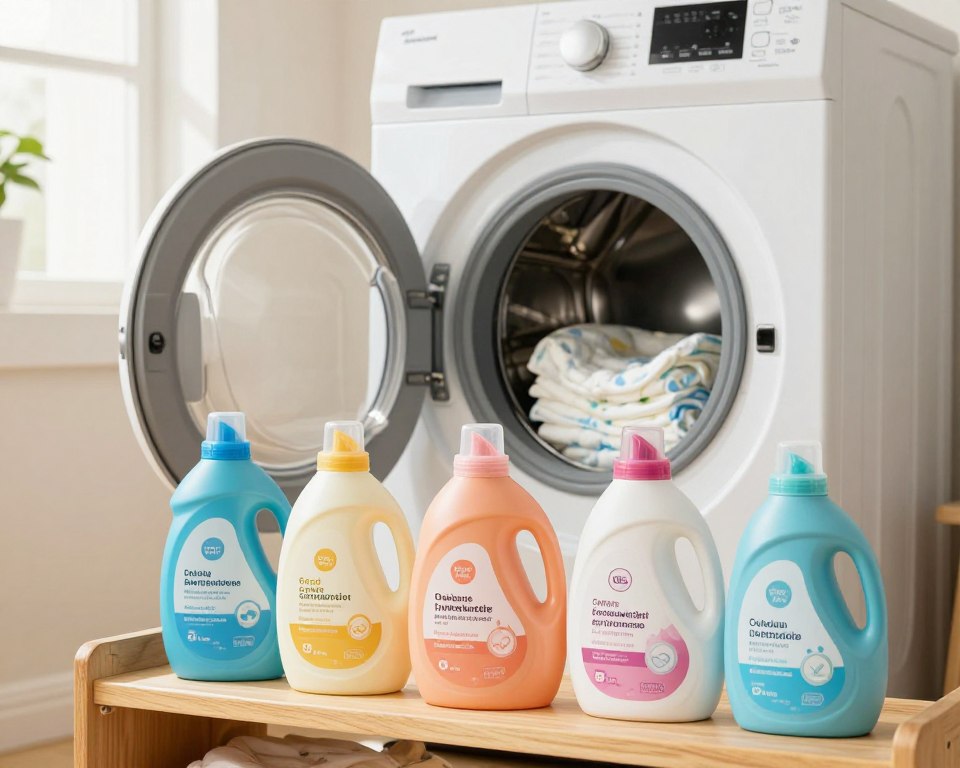 A clean and inviting laundry space showcasing the best US laundry detergents specifically formulated for cloth diapers. In the foreground, a selection of eco-friendly and colorful detergent bottles, each distinctly labeled, arranged neatly on a wooden shelf. The middle layer features a modern washing machine, open to reveal fresh, pristine cloth diapers stacked inside, emphasizing cleanliness and freshness. In the background, a sunlit window illuminates the room, casting soft shadows and creating a warm, airy atmosphere. The overall mood is bright, cheerful, and hygienic, highlighting the balance between effective cleaning and chemical safety for babies. Utilize soft, natural lighting, with a shallow depth of field to focus on the detergent and diapers, capturing an inviting and informative scene in a stylish domestic environment. A clean and inviting laundry space showcasing the best US laundry detergents specifically formulated for cloth diapers. In the foreground, a selection of eco-friendly and colorful detergent bottles, each distinctly labeled, arranged neatly on a wooden shelf. The middle layer features a modern washing machine, open to reveal fresh, pristine cloth diapers stacked inside, emphasizing cleanliness and freshness. In the background, a sunlit window illuminates the room, casting soft shadows and creating a warm, airy atmosphere. The overall mood is bright, cheerful, and hygienic, highlighting the balance between effective cleaning and chemical safety for babies. Utilize soft, natural lighting, with a shallow depth of field to focus on the detergent and diapers, capturing an inviting and informative scene in a stylish domestic environment.