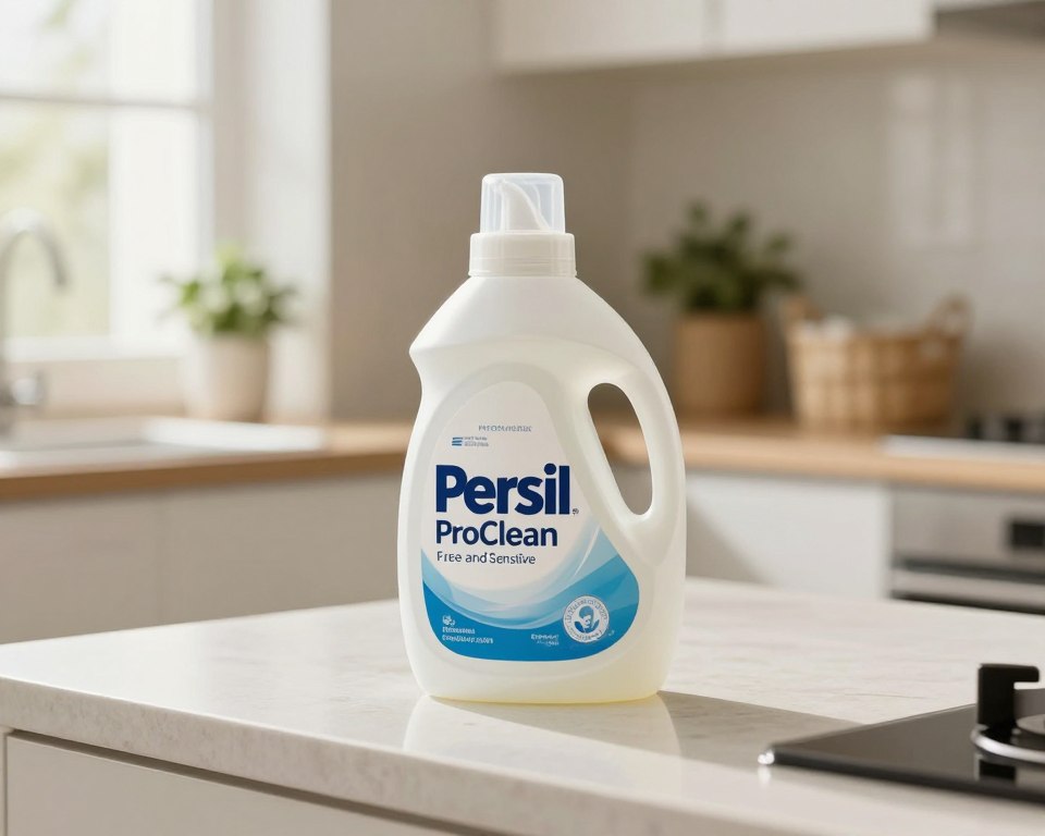 A clean and minimalist kitchen countertop featuring a bottle of Persil ProClean Free and Sensitive laundry detergent as the centerpiece. The bottle is transparent with a modern design, showcasing the dye-free label prominently. Soft natural lighting filters in from a nearby window, creating a warm, inviting atmosphere. In the background, blurred, tasteful kitchen elements like a plant and laundry basket subtly reinforce the theme of cleanliness. The composition should focus on the detergent bottle from a slightly elevated angle, emphasizing its features while highlighting the freshness and hypoallergenic qualities it offers. The mood is calm and reassuring, perfect for those seeking gentle products for sensitive skin. A clean and minimalist kitchen countertop featuring a bottle of Persil ProClean Free and Sensitive laundry detergent as the centerpiece. The bottle is transparent with a modern design, showcasing the dye-free label prominently. Soft natural lighting filters in from a nearby window, creating a warm, inviting atmosphere. In the background, blurred, tasteful kitchen elements like a plant and laundry basket subtly reinforce the theme of cleanliness. The composition should focus on the detergent bottle from a slightly elevated angle, emphasizing its features while highlighting the freshness and hypoallergenic qualities it offers. The mood is calm and reassuring, perfect for those seeking gentle products for sensitive skin.