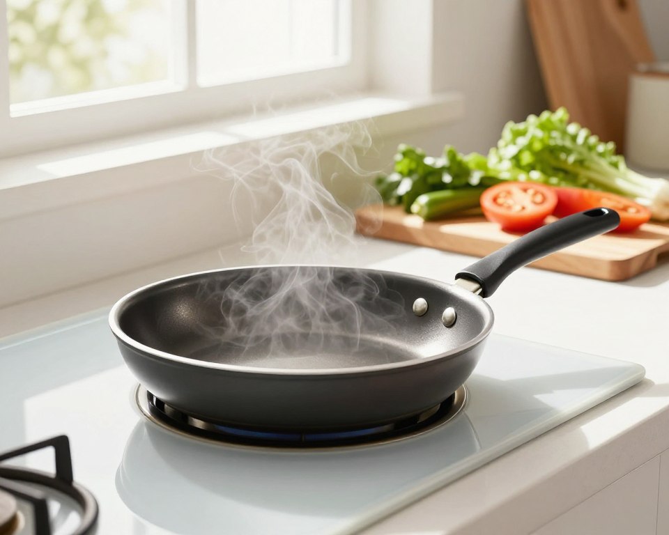 A clean and modern kitchen scene depicting a frying pan coated with Teflon, placed on a pristine stovetop. In the foreground, the frying pan is heated gently, with soft steam rising, indicating cooking in progress. In the middle ground, there's a wooden cutting board with fresh vegetables, symbolizing healthy cooking. In the background, bright sunlight streams through a window, casting warm, inviting shadows. The overall mood is bright and reassuring, suggesting a safe cooking environment. The focus is purely on the cookware and ingredients, with no human figures present, ensuring a clear, professional presentation without distractions. Lighting is soft and natural, evoking a cozy atmosphere, and the composition is framed to create a sense of openness and clarity, perfect for addressing the topic of Teflon's safety. A clean and modern kitchen scene depicting a frying pan coated with Teflon, placed on a pristine stovetop. In the foreground, the frying pan is heated gently, with soft steam rising, indicating cooking in progress. In the middle ground, there's a wooden cutting board with fresh vegetables, symbolizing healthy cooking. In the background, bright sunlight streams through a window, casting warm, inviting shadows. The overall mood is bright and reassuring, suggesting a safe cooking environment. The focus is purely on the cookware and ingredients, with no human figures present, ensuring a clear, professional presentation without distractions. Lighting is soft and natural, evoking a cozy atmosphere, and the composition is framed to create a sense of openness and clarity, perfect for addressing the topic of Teflon's safety.