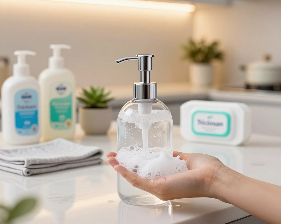 A clean and modern kitchen setting featuring a foaming hand soap dispenser prominently displayed in the foreground. The dispenser is sleek and transparent, showcasing the soap's bubbly texture. Surrounding it, a few neatly arranged products containing triclosan, such as other soap bottles and disinfecting wipes, are subtly placed to emphasize the topic. The middle ground includes a beautiful countertop with a soft cloth and a small plant, adding a touch of freshness. The background features softly glowing ambient lighting, creating a warm and inviting atmosphere. The photo is taken from a slight overhead angle, focusing on the hand soap, with a shallow depth of field that blurs the background slightly. The overall mood is clean, professional, and focused on hygiene, ideal for conveying safety and effectiveness. A clean and modern kitchen setting featuring a foaming hand soap dispenser prominently displayed in the foreground. The dispenser is sleek and transparent, showcasing the soap's bubbly texture. Surrounding it, a few neatly arranged products containing triclosan, such as other soap bottles and disinfecting wipes, are subtly placed to emphasize the topic. The middle ground includes a beautiful countertop with a soft cloth and a small plant, adding a touch of freshness. The background features softly glowing ambient lighting, creating a warm and inviting atmosphere. The photo is taken from a slight overhead angle, focusing on the hand soap, with a shallow depth of field that blurs the background slightly. The overall mood is clean, professional, and focused on hygiene, ideal for conveying safety and effectiveness.