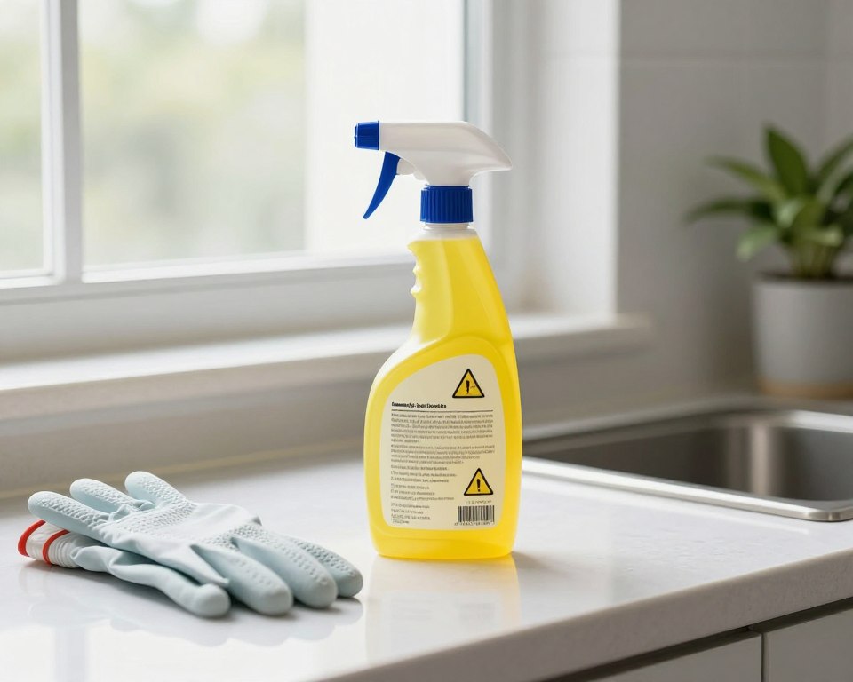 A clean and modern kitchen setting featuring a prominently placed mold spray bottle on a neatly organized countertop. The bottle is bright and eye-catching, labeled with safety instructions and appropriate cautionary symbols for indoor use. In the foreground, a pair of protective gloves rests beside the spray, suggesting readiness for cleaning. The middle ground showcases a window that lets in soft, natural light, enhancing the fresh and sanitized atmosphere of the space. In the background, a plant subtly indicates a connection to nature, portraying a contrast between indoor wellness and mold issues. The overall mood is calm yet informative, emphasizing safety and cleanliness without overwhelming details. Focused, slightly top-down angle to capture both the spray and the surrounding environment harmoniously.