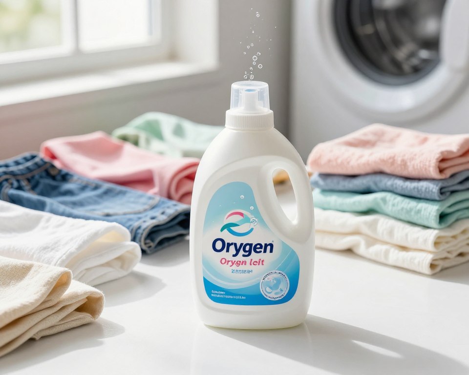 A clean and modern laundry setting showcasing a container of oxygen bleach prominently in the foreground, with delicate bubbles rising gracefully from the surface to illustrate its cleaning action. The middle ground features a variety of colorful fabrics—cotton, denim, and synthetics—all spread out on a pristine laundry surface, demonstrating material compatibility and fabric safety. In the background, warm, natural light streams in through a window, casting gentle shadows and creating an inviting atmosphere. The color palette should include soft whites and pastels to reflect the freshness associated with laundry. Use a slightly elevated angle for a dynamic view, ensuring a focus on the oxygen bleach and the diverse fabrics in a safe, well-lit environment that emphasizes cleanliness and safety.