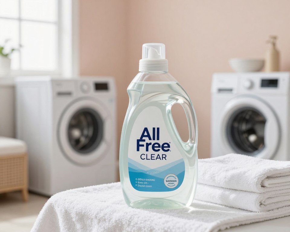 A clean and modern setting featuring a bottle of All Free Clear Liquid Laundry Detergent, prominently displayed in the foreground. The bottle is transparent with a sleek design, showcasing its clear liquid content. Surround the bottle with fresh white towels neatly folded, emphasizing its fragrance-free quality. In the middle ground, a sparkling clean laundry room is visible, with bright, natural light streaming in through a nearby window, creating a warm and inviting atmosphere. The background includes soft pastel colors on the walls and minimalistic laundry appliances, enhancing the sense of cleanliness. The overall mood is fresh, calming, and reassuring, evoking a sense of safety for those with sensitive skin. Soft focus on the background adds depth to the composition while keeping the bottle as the focal point. A clean and modern setting featuring a bottle of All Free Clear Liquid Laundry Detergent, prominently displayed in the foreground. The bottle is transparent with a sleek design, showcasing its clear liquid content. Surround the bottle with fresh white towels neatly folded, emphasizing its fragrance-free quality. In the middle ground, a sparkling clean laundry room is visible, with bright, natural light streaming in through a nearby window, creating a warm and inviting atmosphere. The background includes soft pastel colors on the walls and minimalistic laundry appliances, enhancing the sense of cleanliness. The overall mood is fresh, calming, and reassuring, evoking a sense of safety for those with sensitive skin. Soft focus on the background adds depth to the composition while keeping the bottle as the focal point.