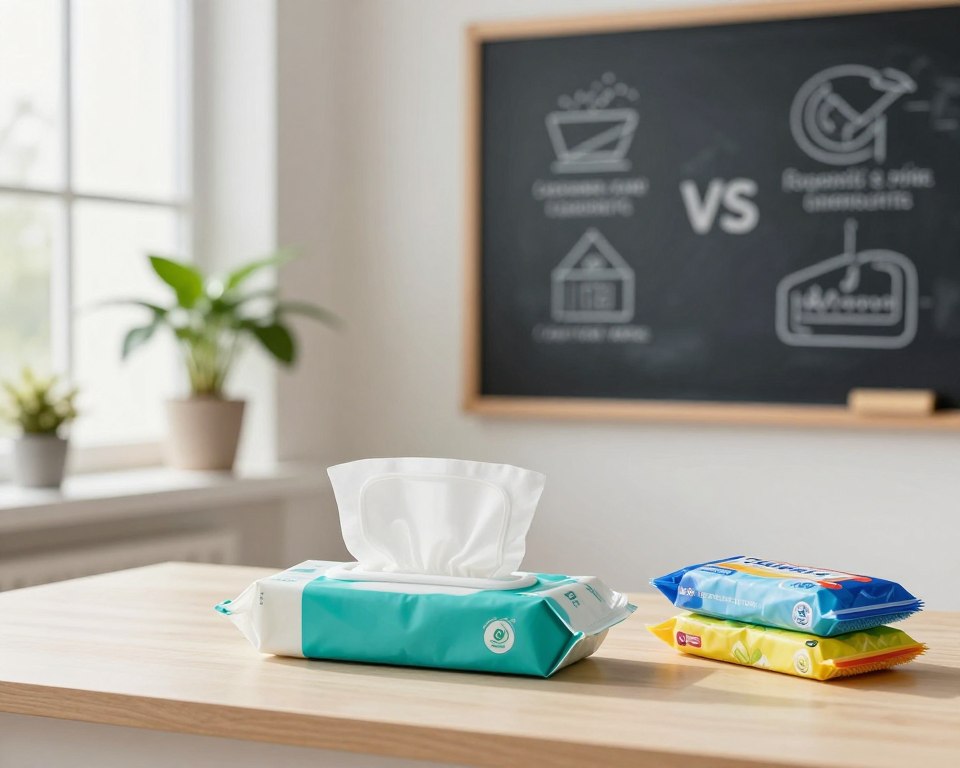 A clean and modern workspace setting, vividly illuminated by soft natural light streaming through a large window. In the foreground, a neatly arranged table features a pair of reusable cleaning wipes, prominently displayed in an eco-friendly container, next to a few chemical wipes in brightly colored packaging. The middle ground shows a potted plant for added greenery, symbolizing sustainability. In the background, a blurred image of a chalkboard with simple infographics explaining the benefits of reusable versus chemical wipes, creating an educational context. The overall atmosphere is fresh and informative, evoking a sense of trust and safety. Use a shallow depth of field to enhance focus on the cleaning supplies while softly blurring the background educational elements. A clean and modern workspace setting, vividly illuminated by soft natural light streaming through a large window. In the foreground, a neatly arranged table features a pair of reusable cleaning wipes, prominently displayed in an eco-friendly container, next to a few chemical wipes in brightly colored packaging. The middle ground shows a potted plant for added greenery, symbolizing sustainability. In the background, a blurred image of a chalkboard with simple infographics explaining the benefits of reusable versus chemical wipes, creating an educational context. The overall atmosphere is fresh and informative, evoking a sense of trust and safety. Use a shallow depth of field to enhance focus on the cleaning supplies while softly blurring the background educational elements.
