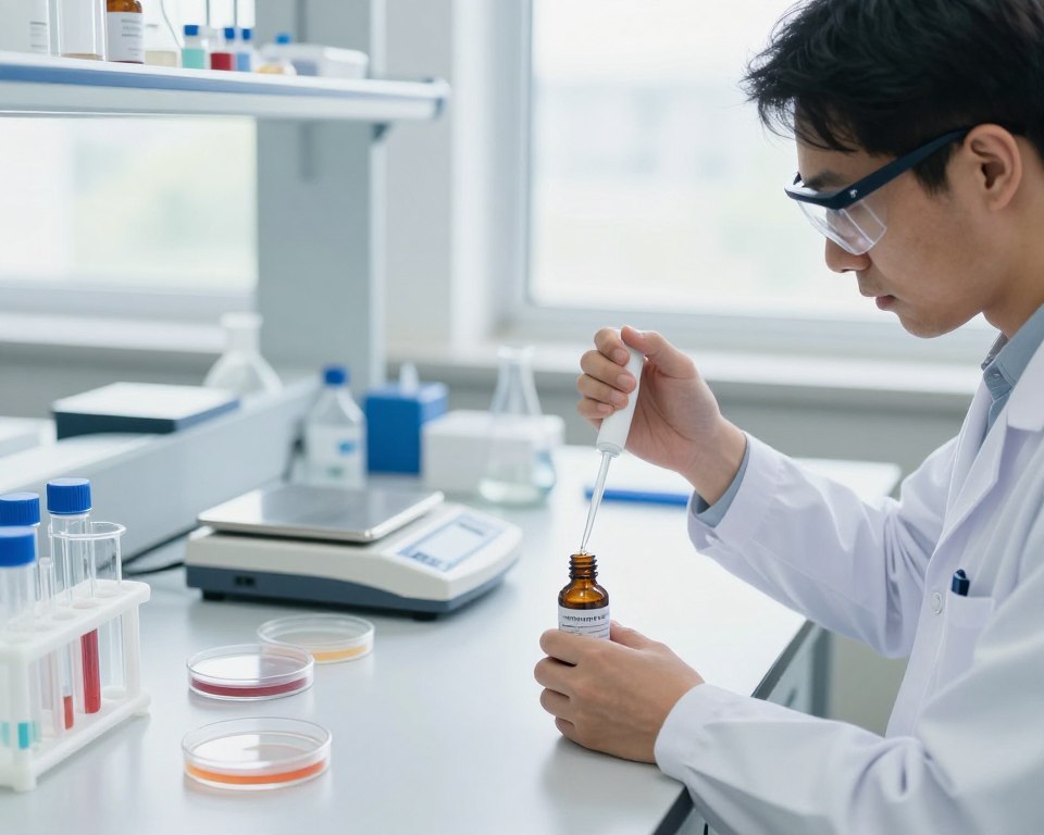 A clean and organized laboratory setting, emphasizing insect repellent safety testing. In the foreground, a researcher dressed in a white lab coat and safety goggles inspects a bottle of insect repellent on a sterile table, using a pipette to measure a precise amount. In the middle, various safety testing equipment like petri dishes, beakers, and a digital scale are arranged neatly, showcasing a scientific approach to safety. In the background, a large window lets in soft, natural light, illuminating the scene and creating a sense of transparency and trust. The atmosphere is professional and focused, highlighting the importance of regulatory standards and safety testing in the insect repellent industry. The image captures a balanced, informative mood.
