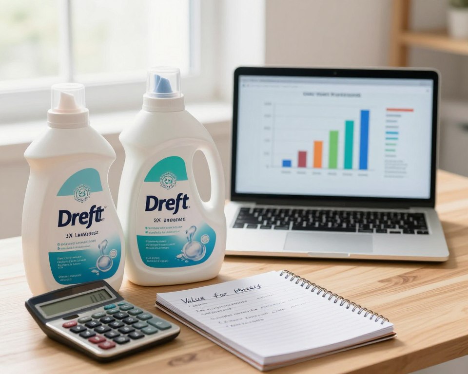 A clean and professional workspace scene focusing on a cost analysis of laundry detergents. In the foreground, two large bottles prominently display Babyganics 3X Laundry Detergent and Dreft, with prices clearly visible on labels. A digital calculator and notepad are positioned nearby, featuring handwritten notes on value for money. In the middle ground, a laptop screen shows a colorful graph comparing cost per load for both detergents. The background includes a bright, well-lit setting, with soft natural light filtering through a window, adding a warm atmosphere to the scene. The mood is analytical and focused, ideal for illustrating a detailed cost analysis. The composition should be shot with a slight depth of field to subtly blur the background while keeping the detergents and calculator in sharp focus.