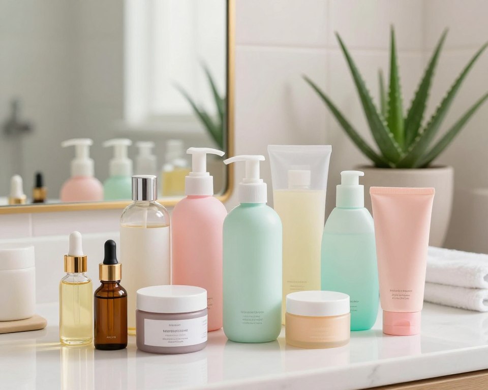 A clean and vibrant setting showcasing a range of alternative acne treatments that do not bleach fabric. In the foreground, an array of beautifully packaged products in soft pastel colors, including natural oils, herbal creams, and gentle cleansers. The middle ground features a soothing, well-lit bathroom environment with a mirror reflecting the calming scene. In the background, a potted aloe vera plant adds a touch of greenery, symbolizing natural healing. The lighting is soft and natural, suggesting a warm morning glow. Emphasize a mood of tranquility and wellness, with a focus on beauty and care without the risk of bleaching. The scene should be inviting and professional, perfect for an informative article on skincare.