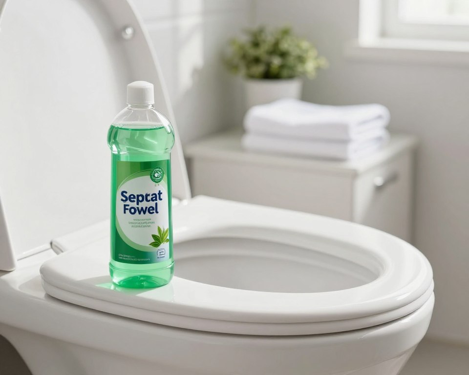 A clean and well-lit bathroom setting featuring a bottle of septic-safe toilet bowl cleaner prominently placed on the edge of a pristine white toilet. The foreground showcases the bright green liquid inside the transparent bottle, with a sleek label depicting natural ingredients. In the middle ground, the pristine toilet bowl glistens, emphasizing cleanliness. The background features soft-focus elements like a neatly folded towel and a small plant, creating a fresh, inviting atmosphere. The lighting is bright and natural, simulating sunlight filtering through a window, enhancing the feeling of hygiene and freshness. Capture a serene and calming mood, representing responsible cleaning choices for septic systems. A clean and well-lit bathroom setting featuring a bottle of septic-safe toilet bowl cleaner prominently placed on the edge of a pristine white toilet. The foreground showcases the bright green liquid inside the transparent bottle, with a sleek label depicting natural ingredients. In the middle ground, the pristine toilet bowl glistens, emphasizing cleanliness. The background features soft-focus elements like a neatly folded towel and a small plant, creating a fresh, inviting atmosphere. The lighting is bright and natural, simulating sunlight filtering through a window, enhancing the feeling of hygiene and freshness. Capture a serene and calming mood, representing responsible cleaning choices for septic systems.