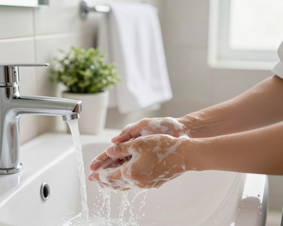 A clean, bright bathroom scene with a modern sink in the foreground, showcasing hands being washed under running water. The hands are in the process of lathering up with a generous amount of soap, creating a frothy texture. In the middle ground, a white towel hangs neatly on a rack, accentuating hygiene. The background is softly blurred to reveal a clean bathroom with light-colored tiles and a small potted plant adding a touch of freshness. Natural light pours in from a nearby window, creating a warm and inviting atmosphere. The angle is slightly above the sink, providing a clear view of the handwashing process while focusing on the importance of hygiene. The mood is professional yet approachable, emphasizing effective handwashing techniques. A clean, bright bathroom scene with a modern sink in the foreground, showcasing hands being washed under running water. The hands are in the process of lathering up with a generous amount of soap, creating a frothy texture. In the middle ground, a white towel hangs neatly on a rack, accentuating hygiene. The background is softly blurred to reveal a clean bathroom with light-colored tiles and a small potted plant adding a touch of freshness. Natural light pours in from a nearby window, creating a warm and inviting atmosphere. The angle is slightly above the sink, providing a clear view of the handwashing process while focusing on the importance of hygiene. The mood is professional yet approachable, emphasizing effective handwashing techniques.