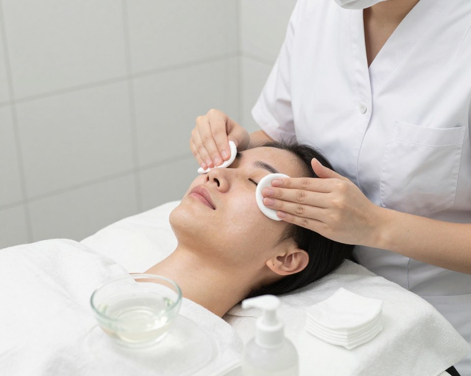 A clean, bright bathroom setting designed for a step-by-step chemical peel demonstration. In the foreground, a neatly arranged table displays essential tools: a small bowl with a chemical peel solution, cotton pads, and a gentle cleanser. In the middle ground, a professional, modestly dressed individual is carefully applying the chemical peel to their face with a cotton pad, showcasing correct technique. The background features clean tiles and soft lighting that creates a serene and clinical atmosphere, reflecting a safe and organized environment for skin care. The image is captured from a slightly elevated angle to emphasize the application process, conveying an instructional and informative mood. A clean, bright bathroom setting designed for a step-by-step chemical peel demonstration. In the foreground, a neatly arranged table displays essential tools: a small bowl with a chemical peel solution, cotton pads, and a gentle cleanser. In the middle ground, a professional, modestly dressed individual is carefully applying the chemical peel to their face with a cotton pad, showcasing correct technique. The background features clean tiles and soft lighting that creates a serene and clinical atmosphere, reflecting a safe and organized environment for skin care. The image is captured from a slightly elevated angle to emphasize the application process, conveying an instructional and informative mood.
