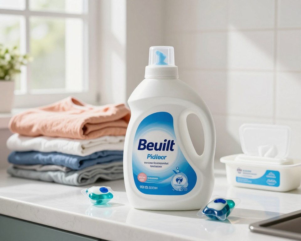 A clean, bright kitchen countertop is the foreground, showcasing a laundry sanitizer additive bottle prominently. The bottle is sleek and modern, featuring a bold label with graphics that emphasize its antibacterial properties, surrounded by laundry detergent pods and a container of disinfectant wipes. In the middle ground, a stack of freshly laundered clothes adds color and texture, hinting at cleanliness and hygiene. The background reveals a window with soft, natural light pouring in, casting gentle shadows across the scene, suggesting a warm, inviting atmosphere. The overall mood is fresh and professional, appealing to readers interested in the effectiveness of laundry products, with a focus on the sanitizer's role in maintaining hygiene. A clean, bright kitchen countertop is the foreground, showcasing a laundry sanitizer additive bottle prominently. The bottle is sleek and modern, featuring a bold label with graphics that emphasize its antibacterial properties, surrounded by laundry detergent pods and a container of disinfectant wipes. In the middle ground, a stack of freshly laundered clothes adds color and texture, hinting at cleanliness and hygiene. The background reveals a window with soft, natural light pouring in, casting gentle shadows across the scene, suggesting a warm, inviting atmosphere. The overall mood is fresh and professional, appealing to readers interested in the effectiveness of laundry products, with a focus on the sanitizer's role in maintaining hygiene.