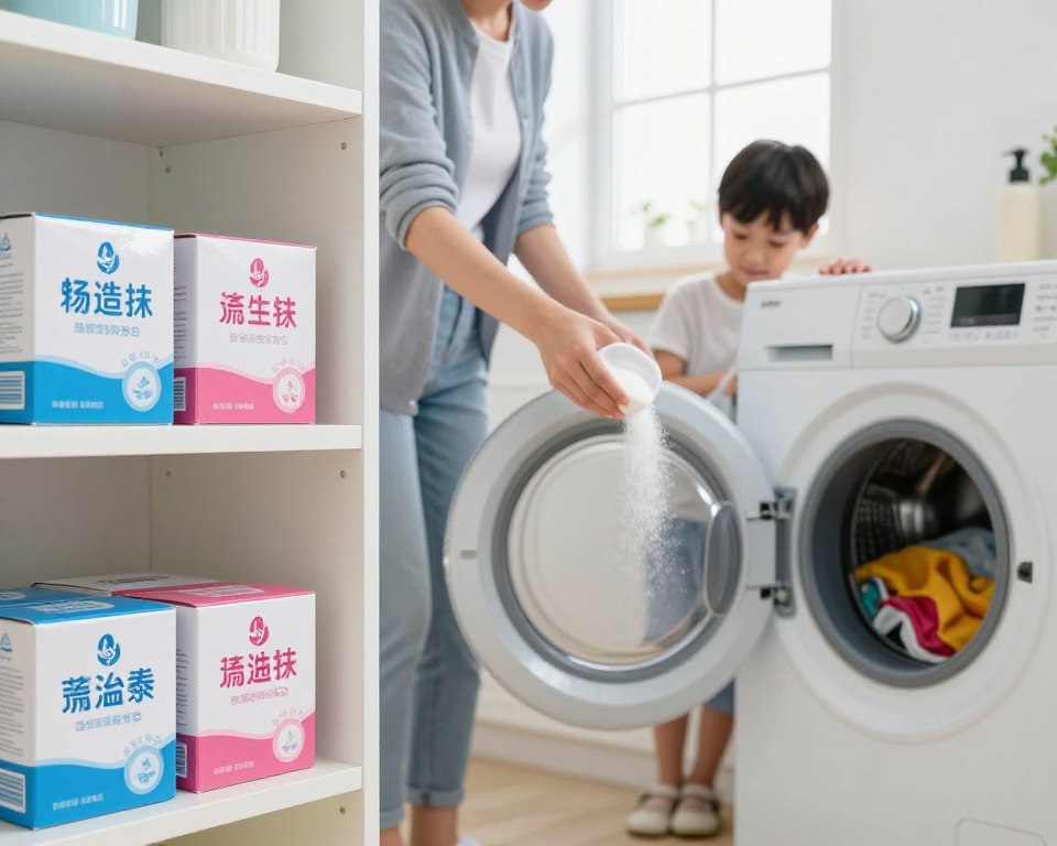 A clean, bright laundry room setting with open shelves displaying neatly arranged boxes of baking soda prominently in the foreground. A washing machine sits to the right, with a fresh load of laundry in vibrant colors waiting to be washed. In the middle, a family member (dressed in modest casual clothing) is pouring baking soda into the machine, showcasing a sense of care for both laundry cleanliness and septic system safety. In the background, a window lets in soft, natural light, illuminating the space and creating a warm, inviting atmosphere. The scene conveys a feeling of home, cleanliness, and environmental mindfulness. The focus is sharp, with a slight bokeh effect in the background to draw attention to the action being taken. The overall image reflects a positive and responsible approach to laundry practices.
