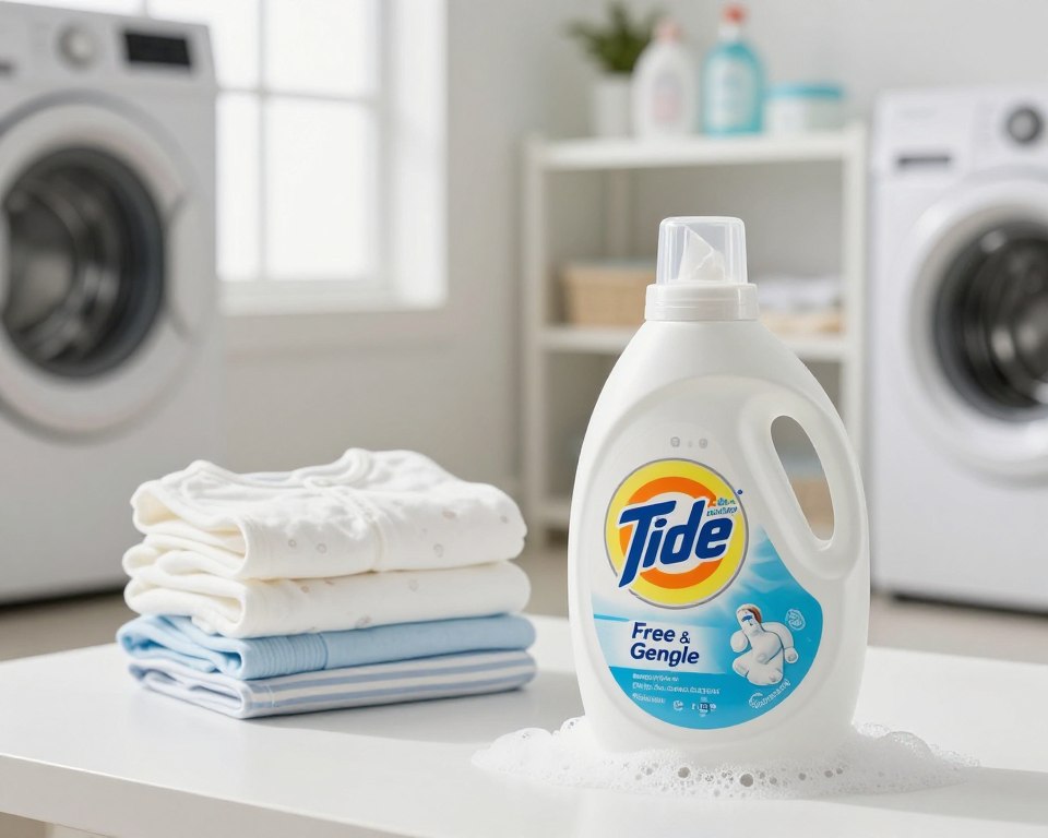 A clean, bright laundry room showcasing Tide Free and Gentle detergent. The foreground features a bottle of Tide Free and Gentle prominently displayed, its label clean and clear, surrounded by bubbles to suggest gentle cleaning. In the middle ground, fresh, folded baby clothes are neatly arranged, symbolizing safety and care for newborns. Soft natural light streams in through a window, enhancing the freshness and warmth of the space. In the background, minimalist shelves hold fabric softeners and other baby care products, adding to a professional ambiance. The overall mood is bright, calm, and inviting, emphasizing a scientific approach to gentle cleaning suitable for babies. The image should focus on the product's efficacy without any text or logos. A clean, bright laundry room showcasing Tide Free and Gentle detergent. The foreground features a bottle of Tide Free and Gentle prominently displayed, its label clean and clear, surrounded by bubbles to suggest gentle cleaning. In the middle ground, fresh, folded baby clothes are neatly arranged, symbolizing safety and care for newborns. Soft natural light streams in through a window, enhancing the freshness and warmth of the space. In the background, minimalist shelves hold fabric softeners and other baby care products, adding to a professional ambiance. The overall mood is bright, calm, and inviting, emphasizing a scientific approach to gentle cleaning suitable for babies. The image should focus on the product's efficacy without any text or logos.