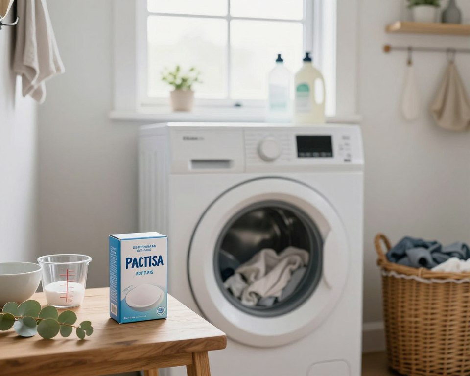 A clean, inviting laundry room space, centered around a washing machine filled with freshly laundered clothes. In the foreground, a box of baking soda prominently rests on a wooden shelf, alongside measuring cups and a small bowl. A few scattered eucalyptus leaves add a touch of nature, symbolizing freshness. The middle ground features a bright window, letting in soft, natural light that highlights the textures of the fabrics. In the background, there are neatly organized bottles of eco-friendly detergents and a rustic laundry basket made of wicker, enhancing the homey feel. The overall atmosphere is calm and serene, with warm tones contrasting against the cool whites of the laundry. The composition is captured from an eye-level angle, creating an immersive experience that invites the viewer into a safe and functional laundry environment.