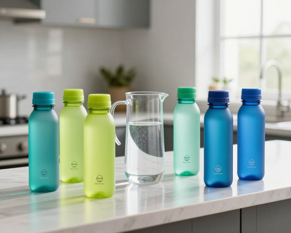 A clean, modern display of BPA-free reusable bottles arranged on a sleek kitchen countertop. The bottles are made of clear, high-quality plastic, showcasing vibrant colors such as teal, lime green, and deep blue through their translucent bodies. In the foreground, a few bottles are neatly labeled with BPA-free symbols and eco-friendly branding. In the middle, a stylish pitcher filled with infused water sits beside the bottles, emphasizing their use for hydration. The background features soft, natural lighting pouring in from a nearby window, creating a bright and inviting atmosphere. Use a shallow depth of field for a professional look, capturing the bottles clearly while softly blurring the kitchen space behind them. The mood is fresh, encouraging eco-consciousness and wellness.