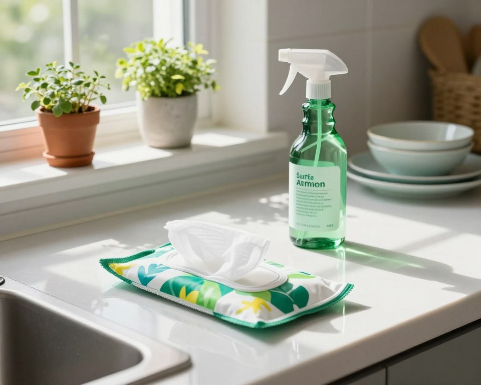 A clean, modern kitchen countertop serves as the foreground, featuring a reusable cleaning wipe in a vibrant, eco-friendly design. The middle ground showcases a sleek, green glass spray bottle labeled with safe chemical ingredients, casting a gentle reflection on the counter. In the background, soft, natural light filters through a nearby window, illuminating potted herbs and clean, sunlit dishes, creating a fresh, inviting atmosphere. The angle captures a slightly elevated view, emphasizing the harmony between sustainable cleaning solutions and a tidy environment. The mood is serene and positive, reflecting a commitment to safer home cleaning practices with a focus on environmental care. A clean, modern kitchen countertop serves as the foreground, featuring a reusable cleaning wipe in a vibrant, eco-friendly design. The middle ground showcases a sleek, green glass spray bottle labeled with safe chemical ingredients, casting a gentle reflection on the counter. In the background, soft, natural light filters through a nearby window, illuminating potted herbs and clean, sunlit dishes, creating a fresh, inviting atmosphere. The angle captures a slightly elevated view, emphasizing the harmony between sustainable cleaning solutions and a tidy environment. The mood is serene and positive, reflecting a commitment to safer home cleaning practices with a focus on environmental care.