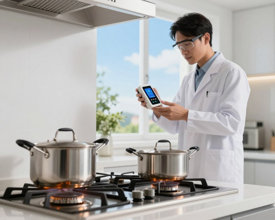 A clean, modern kitchen scene featuring a gas stove in the foreground, with a soft, warm glow emanating from its burners. The stove is equipped with shimmering stainless steel pots and pans, indicating it is in use. In the middle ground, a scientist wearing professional attire, such as a lab coat and safety glasses, is examining an air quality sensor that displays data on gas emissions. The background showcases a window revealing a clear blue sky and greenery, symbolizing a healthy environment. The overall mood is contemplative and informative, with bright, natural lighting accentuating the details. The angle captures both the stove and the scientist, highlighting the connection between cooking and scientific inquiry into gas pollution.