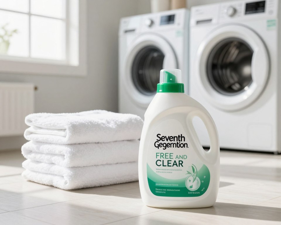 A clean, modern laundry room featuring Seventh Generation Free and Clear Laundry Detergent prominently in the foreground. The detergent bottle should be white with green accents, showcasing its eco-friendly branding. In the middle ground, neatly folded laundry and vibrant, pure white towels illustrate the detergent's effectiveness. The background features a well-organized washing machine and drying area, accented by natural light streaming in through a window, casting soft shadows. Use a bright, inviting color palette to promote a fresh and gentle atmosphere. The scene should evoke a sense of cleanliness and comfort, suitable for those with sensitive skin. The image should be shot from a slightly elevated angle, giving a clear view of the detergent and surrounding elements without any text or logos. A clean, modern laundry room featuring Seventh Generation Free and Clear Laundry Detergent prominently in the foreground. The detergent bottle should be white with green accents, showcasing its eco-friendly branding. In the middle ground, neatly folded laundry and vibrant, pure white towels illustrate the detergent's effectiveness. The background features a well-organized washing machine and drying area, accented by natural light streaming in through a window, casting soft shadows. Use a bright, inviting color palette to promote a fresh and gentle atmosphere. The scene should evoke a sense of cleanliness and comfort, suitable for those with sensitive skin. The image should be shot from a slightly elevated angle, giving a clear view of the detergent and surrounding elements without any text or logos.