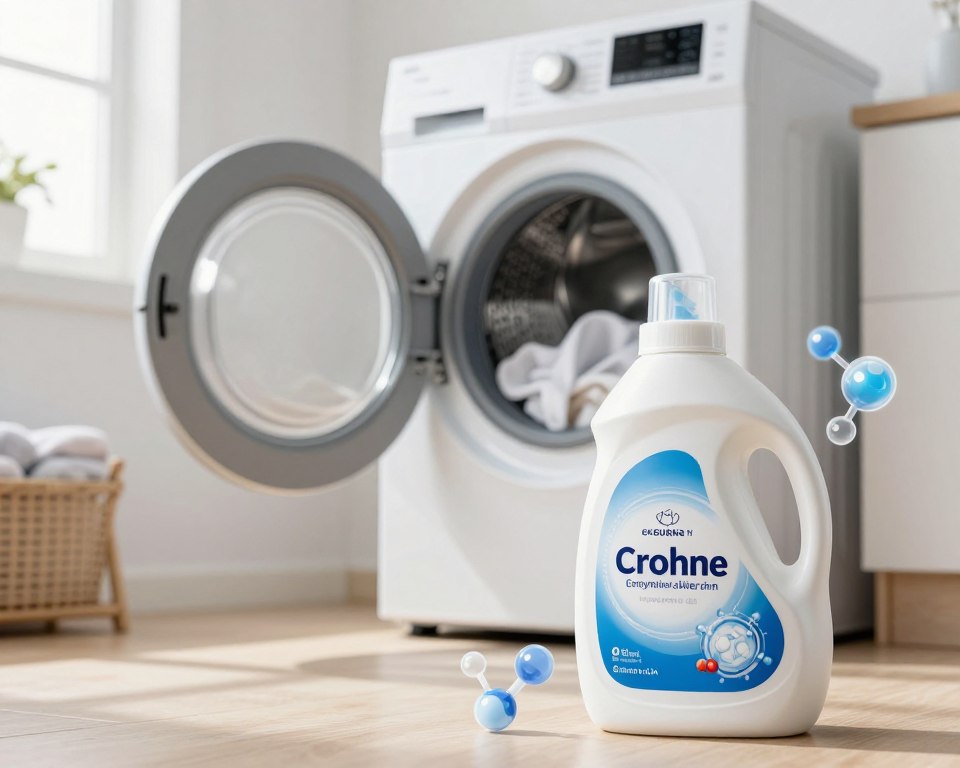 A clean, modern laundry setting showcasing enzyme technology in action. In the foreground, a sleek bottle of enzyme-based laundry detergent is prominently displayed, with molecular structures of protease and amylase subtly illustrated around it. In the middle ground, a washing machine with a transparent door reveals clothes swirling, highlighting powerful cleaning effects. The background features a bright, airy laundry room with sun streaming through a window, casting soft light on the scene. Use a slightly elevated angle to capture the depth of the room, emphasizing cleanliness and freshness. The atmosphere should convey scientific innovation and trust, evoking a sense of advanced laundry care solutions safe for sensitive skin. A clean, modern laundry setting showcasing enzyme technology in action. In the foreground, a sleek bottle of enzyme-based laundry detergent is prominently displayed, with molecular structures of protease and amylase subtly illustrated around it. In the middle ground, a washing machine with a transparent door reveals clothes swirling, highlighting powerful cleaning effects. The background features a bright, airy laundry room with sun streaming through a window, casting soft light on the scene. Use a slightly elevated angle to capture the depth of the room, emphasizing cleanliness and freshness. The atmosphere should convey scientific innovation and trust, evoking a sense of advanced laundry care solutions safe for sensitive skin.