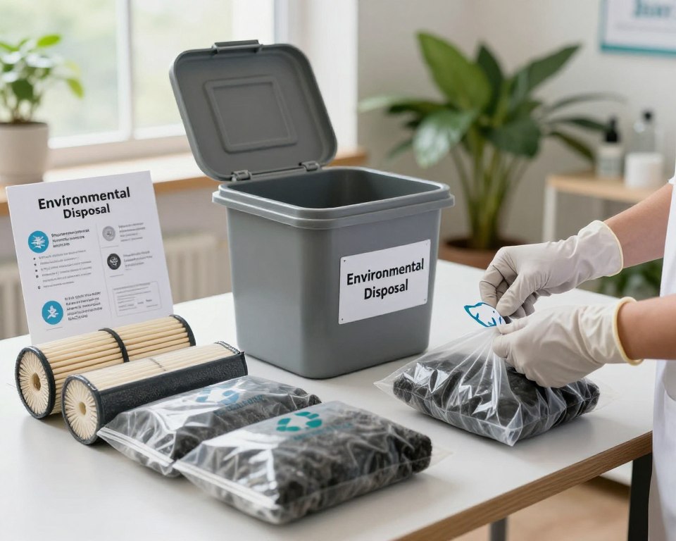 A clean, professional workspace dedicated to the proper disposal of activated carbon filters. In the foreground, a carefully organized table displays used activated carbon filters in biodegradable bags. A pair of hands in protective gloves demonstrates the proper sealing technique for the bags. In the middle, an open recycling bin labeled “Environmental Disposal” sits, along with a chart showing safe disposal practices for activated materials. The background features a calm environment with green plants, emphasizing an eco-friendly atmosphere. Soft, natural lighting filters through a nearby window, enhancing the focus on the disposal process. The scene conveys responsibility and safety, encouraging viewers to consider environmental implications. The image is captured at a slightly angled perspective to add depth, creating an engaging visual narrative centered around safety and environmental consideration.