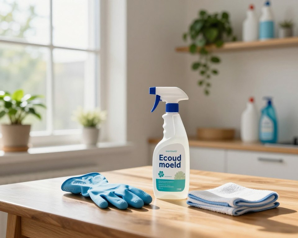 A clean, well-lit indoor space showcasing best practices for effective mold prevention. In the foreground, a bottle of eco-friendly mold spray cleaner sits on a polished wooden table next to a pair of rubber gloves and a microfiber cloth. In the middle, a window allows natural light to stream in, illuminating a potted plant, emphasizing freshness and air quality. The background features wall-mounted shelves with neatly arranged cleaning supplies and a vibrant green houseplant, symbolizing a healthy environment. Use warm lighting to create a welcoming atmosphere, capturing a sense of cleanliness and safety. The angle should be slightly elevated, focusing on the cleaning tools and the serene room environment, evoking a calm and proactive approach to mold prevention.