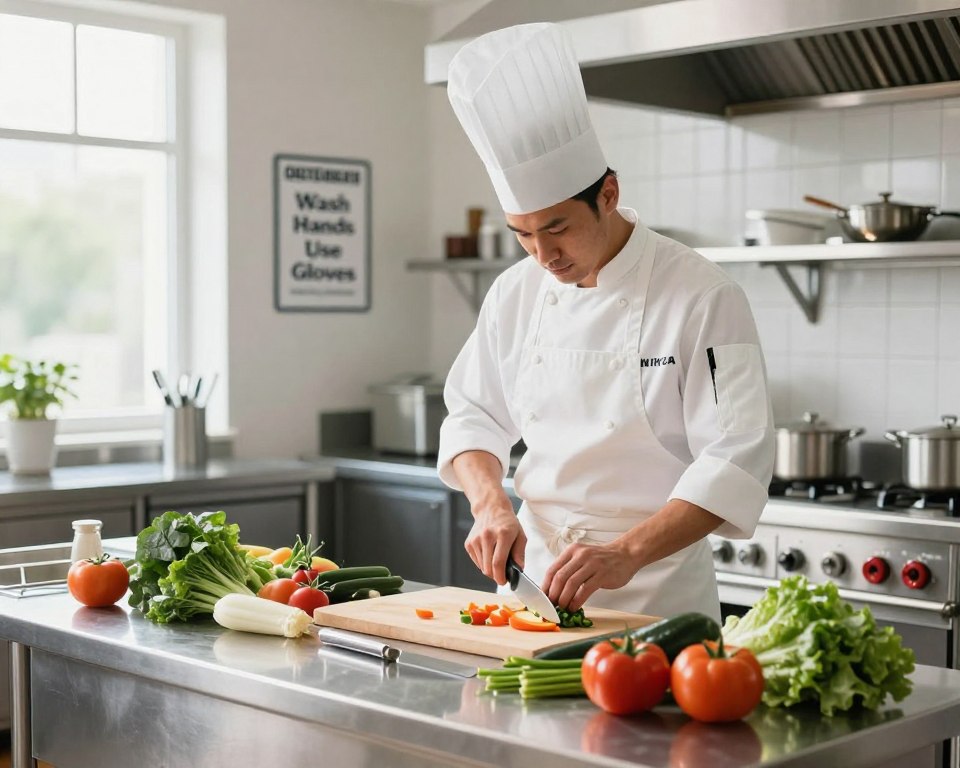 A clean, well-organized food preparation environment in a bright, industrial kitchen setting. In the foreground, a stainless steel prep table is lined with fresh vegetables, cutting boards, and clean utensils. In the middle ground, a professional chef in a white apron and a chef's hat is sanitized and focused on chopping vegetables with a sharp knife. The background features food safety signs, such as ‘Wash Hands’ and ‘Use Gloves’, elegantly arranged on the walls. Soft natural light filters through large windows, illuminating the scene and creating a sense of freshness and cleanliness. The atmosphere conveys professionalism, safety, and attention to cleanliness in food preparation areas, highlighting best practices for protecting food prep environments.