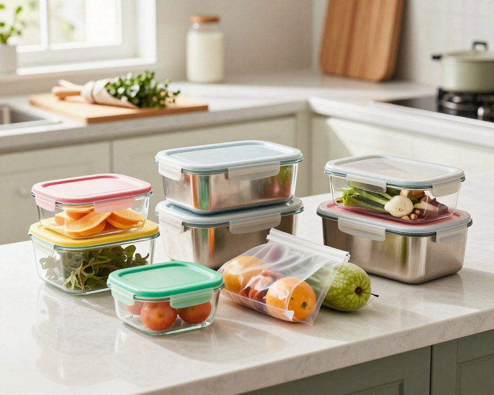 A clean, well-organized kitchen countertop showcasing various safe food storage options. In the foreground, there are glass containers with colorful lids, stainless steel food storage boxes, and eco-friendly silicone bags filled with fruits and vegetables. In the middle ground, a wooden cutting board displays neatly wrapped herbs in reusable fabric wraps. The background features a tidy kitchen setting with soft natural light streaming in from a window, creating a warm and inviting atmosphere. The scene is shot from a slightly elevated angle, emphasizing the storage items while giving a glimpse of the beautiful kitchen decor. The overall mood is fresh, safe, and sustainable, reflecting an emphasis on health-conscious food storage solutions. A clean, well-organized kitchen countertop showcasing various safe food storage options. In the foreground, there are glass containers with colorful lids, stainless steel food storage boxes, and eco-friendly silicone bags filled with fruits and vegetables. In the middle ground, a wooden cutting board displays neatly wrapped herbs in reusable fabric wraps. The background features a tidy kitchen setting with soft natural light streaming in from a window, creating a warm and inviting atmosphere. The scene is shot from a slightly elevated angle, emphasizing the storage items while giving a glimpse of the beautiful kitchen decor. The overall mood is fresh, safe, and sustainable, reflecting an emphasis on health-conscious food storage solutions.