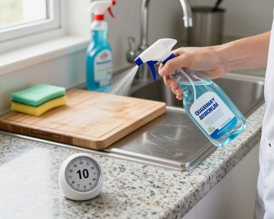 A clean, well-organized kitchen countertop with various surfaces, including a wooden cutting board, granite, and stainless steel. In the foreground, a timer is prominently displayed, set to 10 minutes, to symbolize proper contact time for disinfectants. In the middle, a hand in professional attire is holding a spray bottle of quaternary ammonium disinfectant, showcasing a clear spray as it is being applied to the surfaces. The background features neatly arranged cleaning supplies, with bright, natural lighting pouring in from a nearby window, creating an inviting and sanitary atmosphere. The angle is slightly overhead, providing a comprehensive view of the work area while maintaining focus on the act of cleaning. The overall mood is proactive and hygienic, emphasizing the importance of proper application and contact time for effective disinfection.