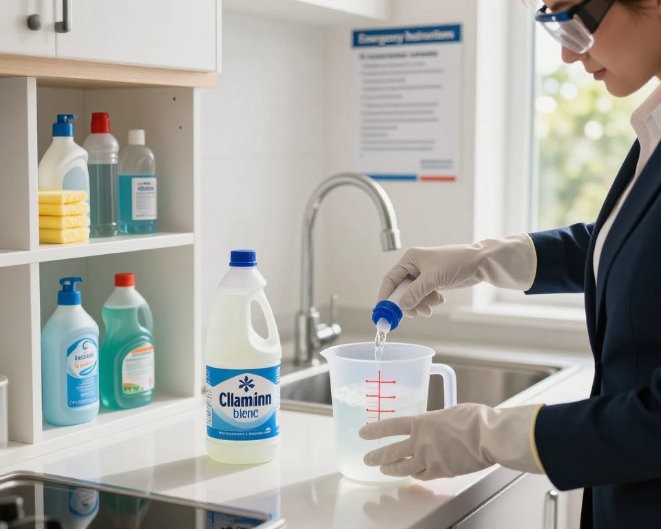 A clean, well-organized kitchen setting showcasing best practices for handling chlorine bleach safely. In the foreground, a person wearing professional business attire, such as gloves and goggles, is carefully measuring chlorine bleach into a measuring cup, ensuring proper safety precautions. In the middle, an open bottle of chlorine bleach with a clearly labeled safety cap sits next to a well-stocked cleaning supply cabinet. The background features a well-lit sink area with proper ventilation, a window showing a sunny day, and an "Emergency Instructions" poster on the wall. The atmosphere is bright and informative, emphasizing safety and professionalism, with soft, natural lighting highlighting the careful handling of cleaning supplies.