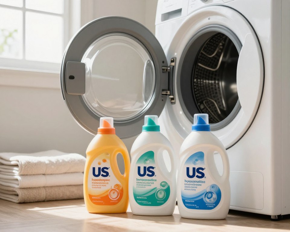 A clean, well-organized laundry room featuring various US detergents specifically labeled for contact dermatitis relief. In the foreground, there are three detergent bottles prominently displayed, each with different eye-catching designs emphasizing hypoallergenic, fragrance-free, and sensitive skin benefits. The middle ground shows a nearby washing machine with an open lid, and neatly folded towels stacked beside it. The background features soft, natural light coming through a window, casting a warm glow on the scene. The overall mood is calm and reassuring, suggesting safety and comfort for sensitive skin. The angle captures the scene from slightly above, providing a clear view of the detergents while emphasizing their importance for dermatitis sufferers. A clean, well-organized laundry room featuring various US detergents specifically labeled for contact dermatitis relief. In the foreground, there are three detergent bottles prominently displayed, each with different eye-catching designs emphasizing hypoallergenic, fragrance-free, and sensitive skin benefits. The middle ground shows a nearby washing machine with an open lid, and neatly folded towels stacked beside it. The background features soft, natural light coming through a window, casting a warm glow on the scene. The overall mood is calm and reassuring, suggesting safety and comfort for sensitive skin. The angle captures the scene from slightly above, providing a clear view of the detergents while emphasizing their importance for dermatitis sufferers.